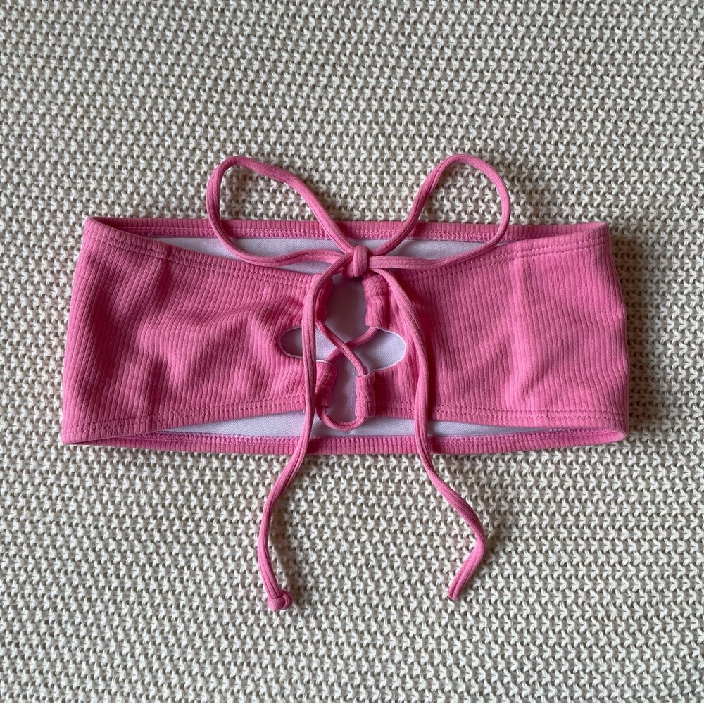 ZAFUL - Pink Ribbed Bandeau Lace Up Bikini Top